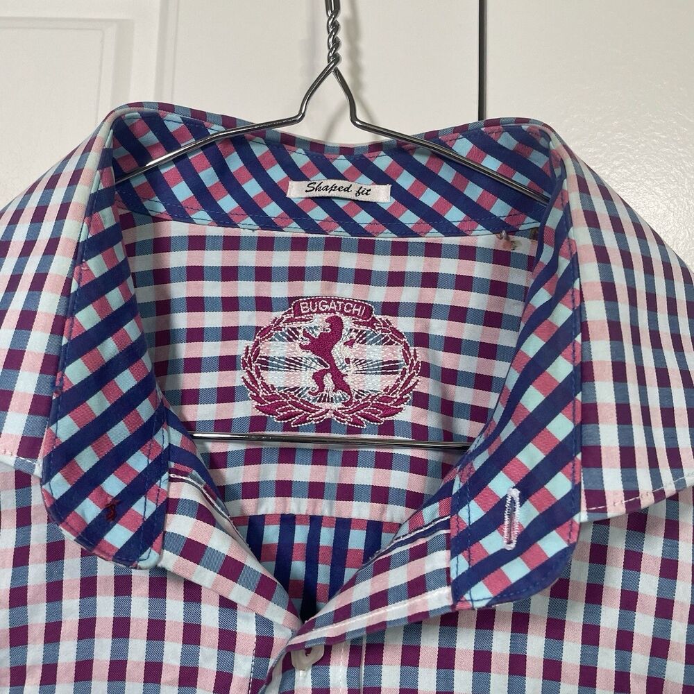 Bugatchi Button Down Shirt Mens XL Blue Pink Gingham Shaped Fit Cotton LS - Picture 2 of 9